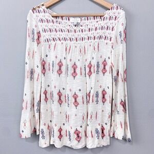 Lucky Brand Knit Peasant Top Sz S Button Shoulder‎ Ivory Cream Boho Southwestern